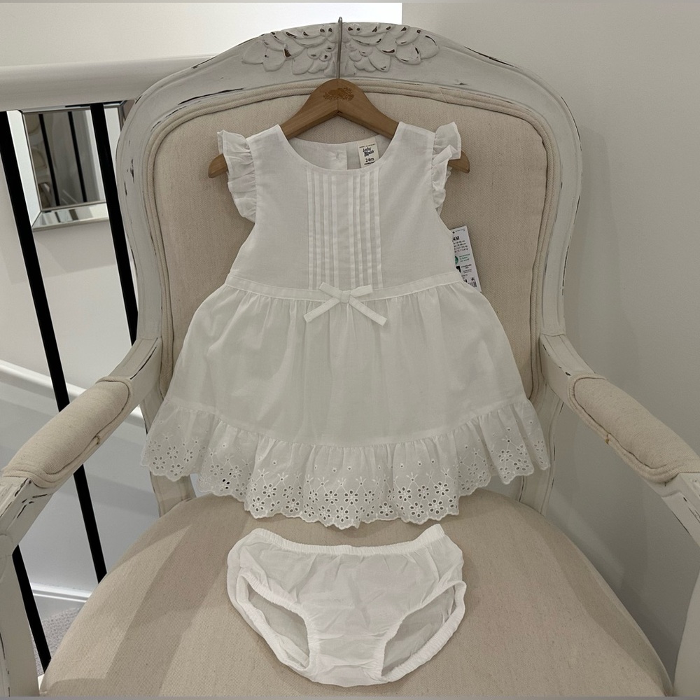 🦢 24 Mth Baby Girl 100% Cotton Eyelet Dress With Bow & Matching Diaper Cover NWT